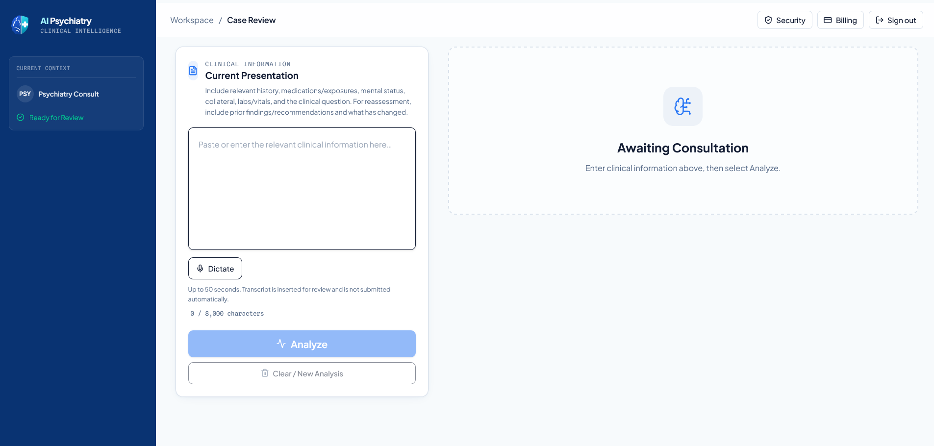 Actual blank AI Psychiatry consultation interface, with account identifier concealed