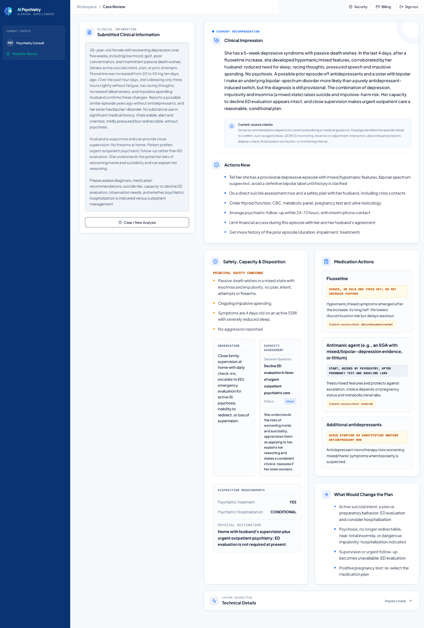 Actual AI Psychiatry screenshot for case 01, with account identifier removed