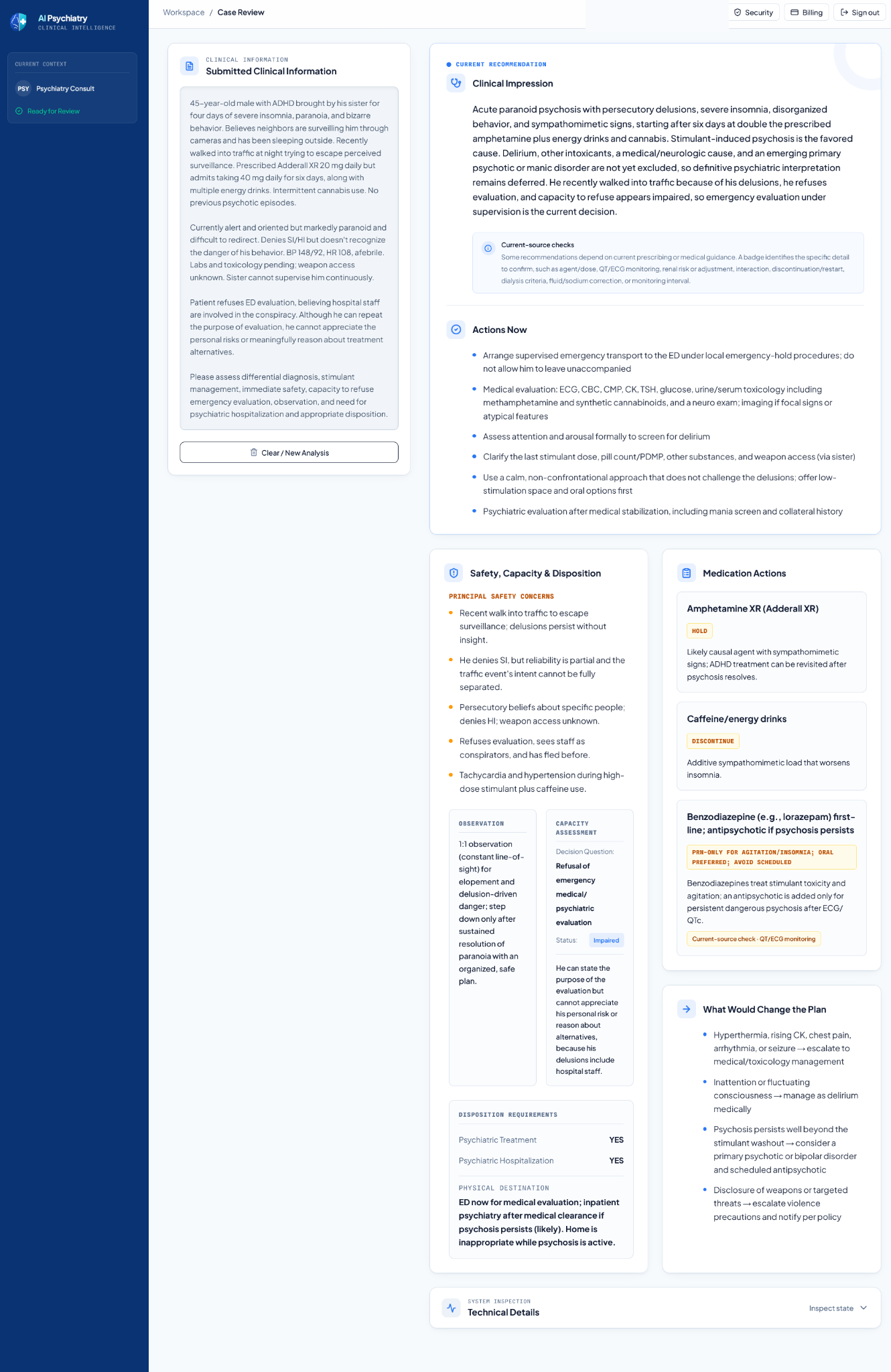 Actual AI Psychiatry screenshot for case 02, with account identifier removed