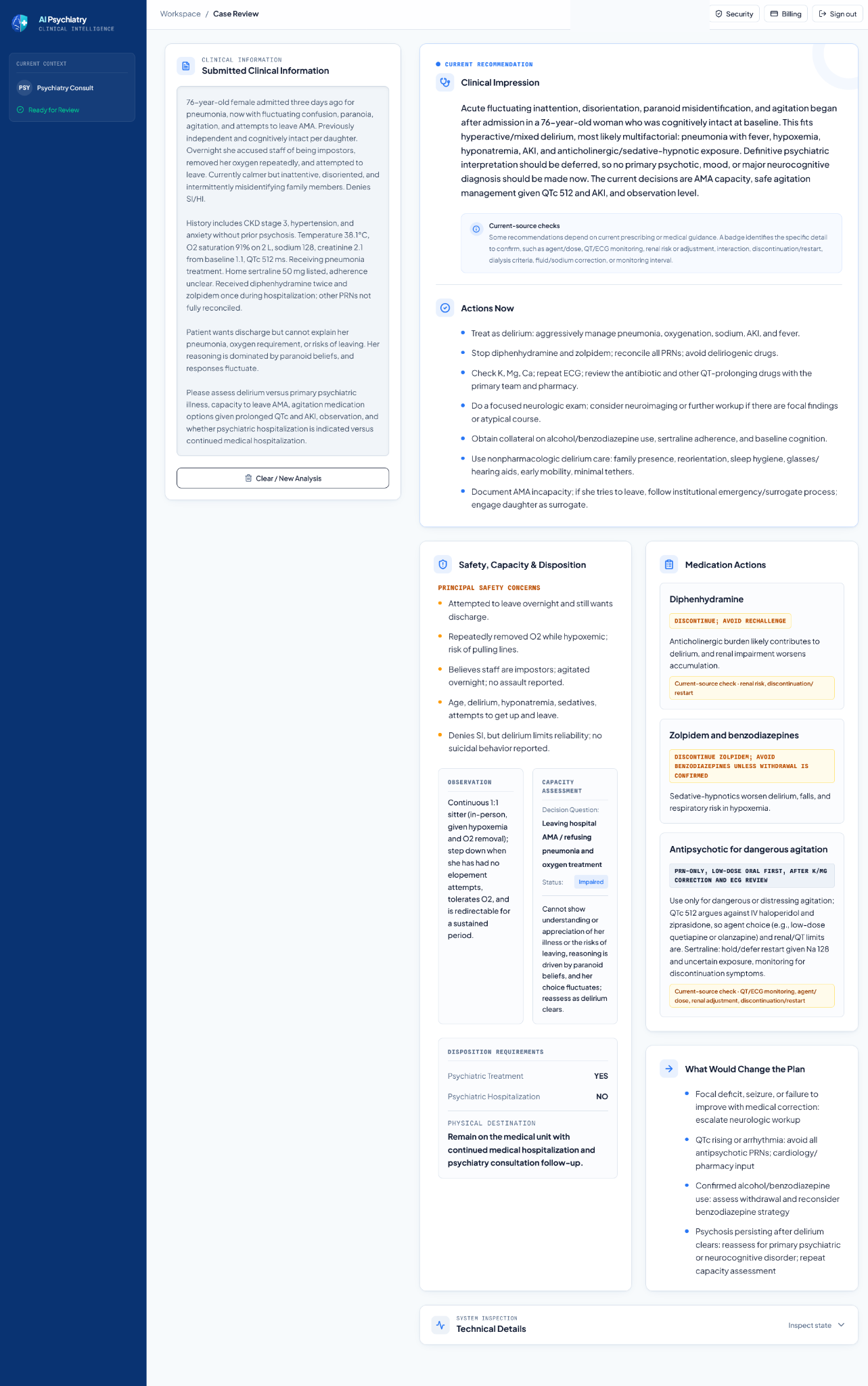 Actual AI Psychiatry screenshot for case 03, with account identifier removed